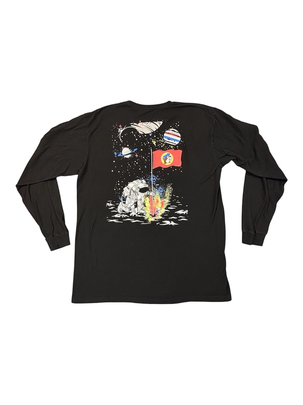 Buc-ees Astronaut Space Shirt Large L Black Long Sleeve Graphic Tee Moon Flag